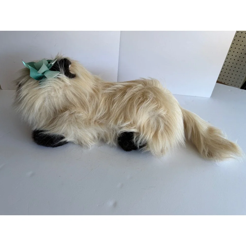 Commonwealth Toy Plush Cat Cream Long Hair Blue Eyes Teal‎ Bow Vintage Style
